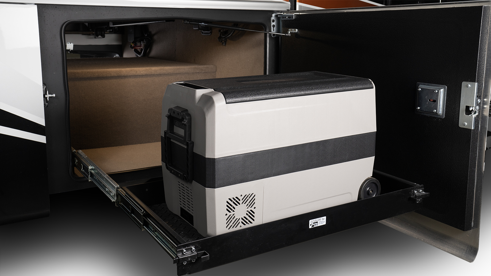 Optional Slide-Out Tray with 12V Refrigerator Cooler in Basement